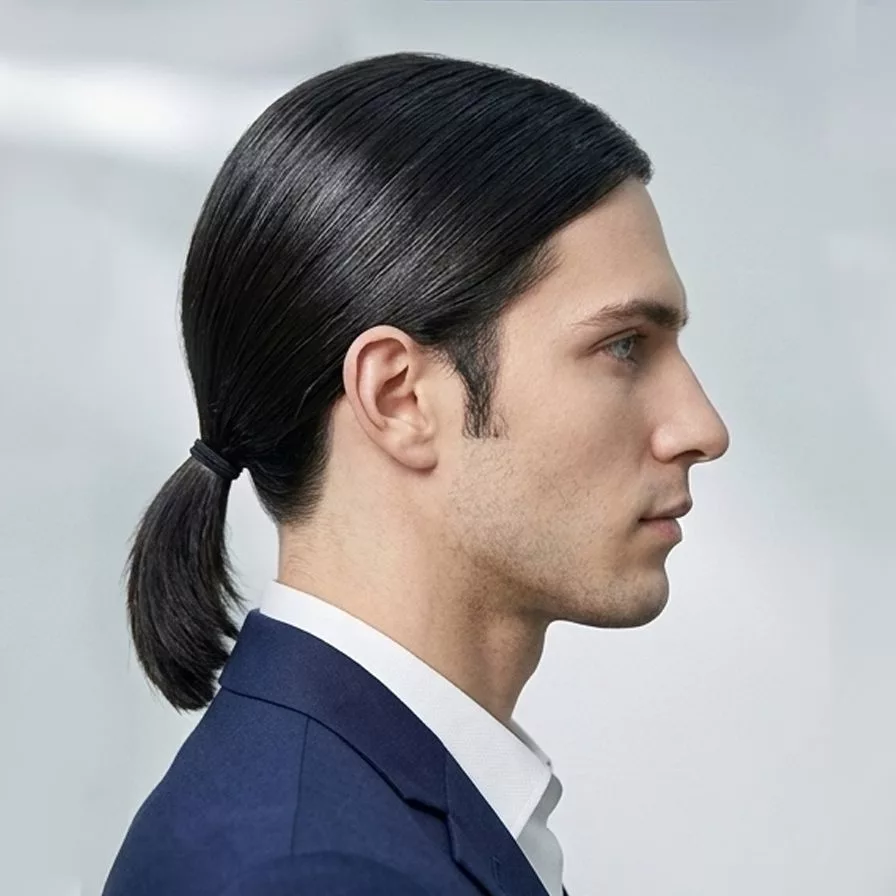 low pony clean part — shoulder length — professional tie back + tidy nape
