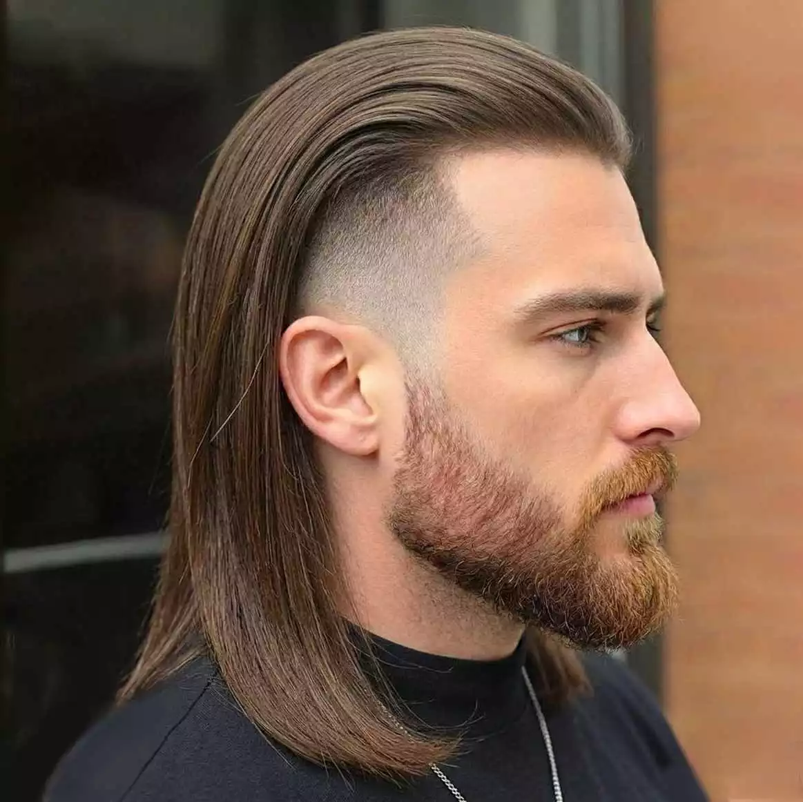 low taper long straight top — ear-to-shoulder length — clean nape blend + controlled sides