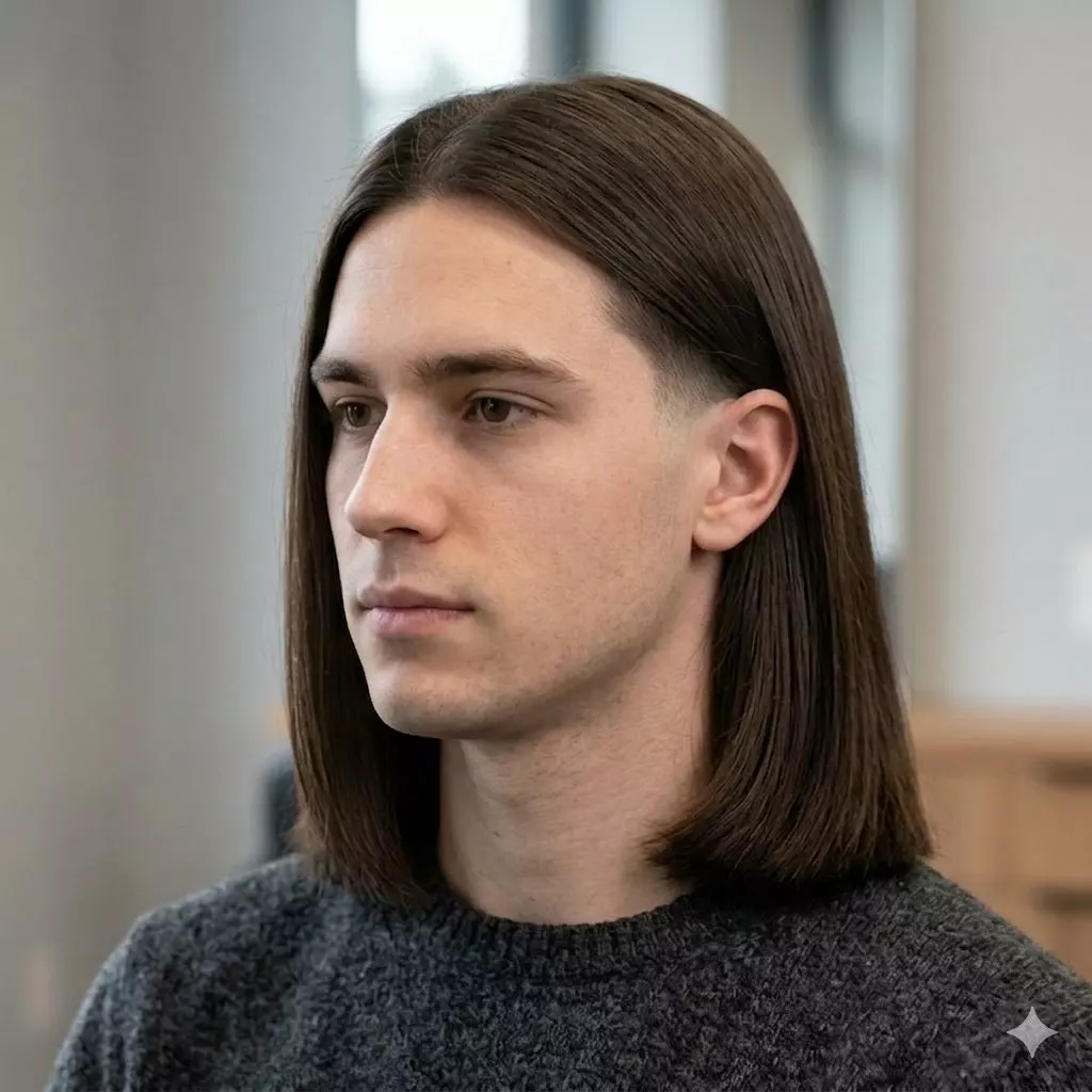 blunt perimeter low taper straight hair men — fuller-looking straight ends with subtle low taper at temples and nape