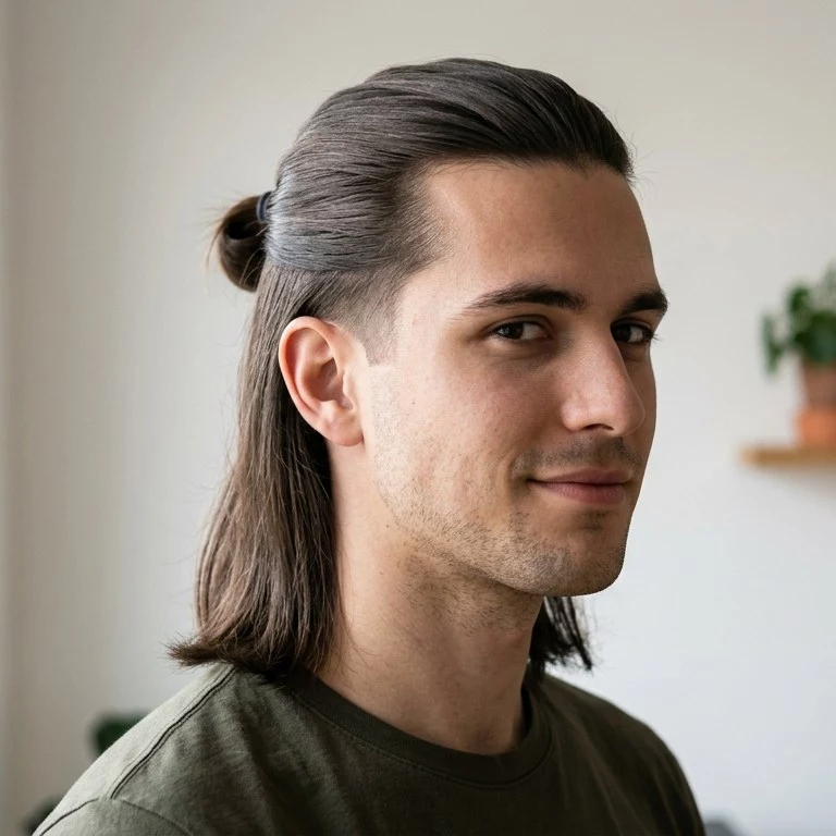 half-up low taper straight hair men — top section tied back with longer straight length left down and a soft tapered ear line