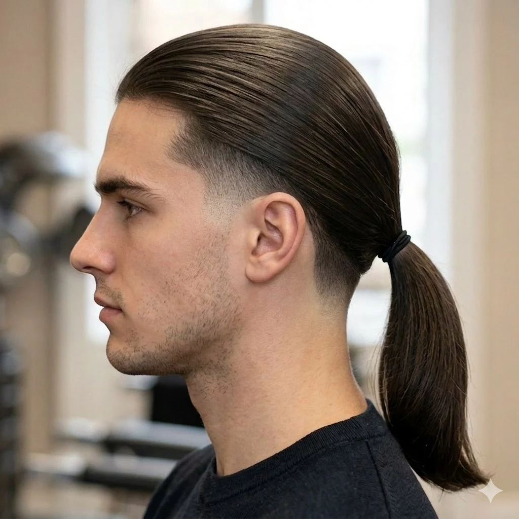 low pony low taper long straight hair men — tied-back long top with clean tapered ear line and tidy nape