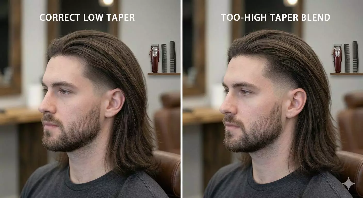 low taper placement on straight long hair men — correct low blend versus too-high blend comparison