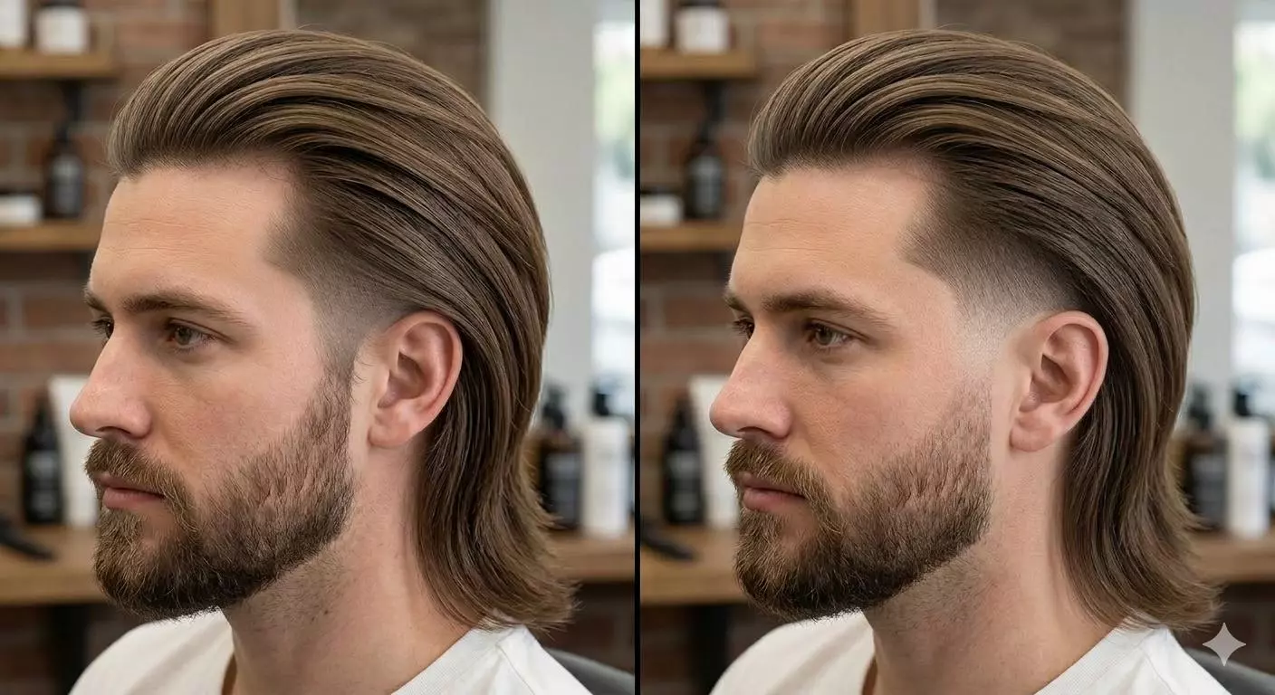 low taper vs low fade on men with long straight hair on top — side-by-side comparison of softer blend versus sharper contrast