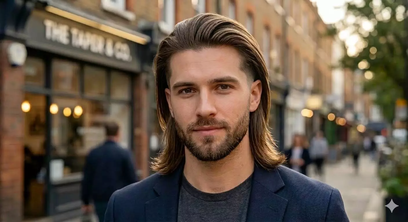 low taper with long hair on top men — straight hair with clean tapered temples, tidy ear line, and natural longer top