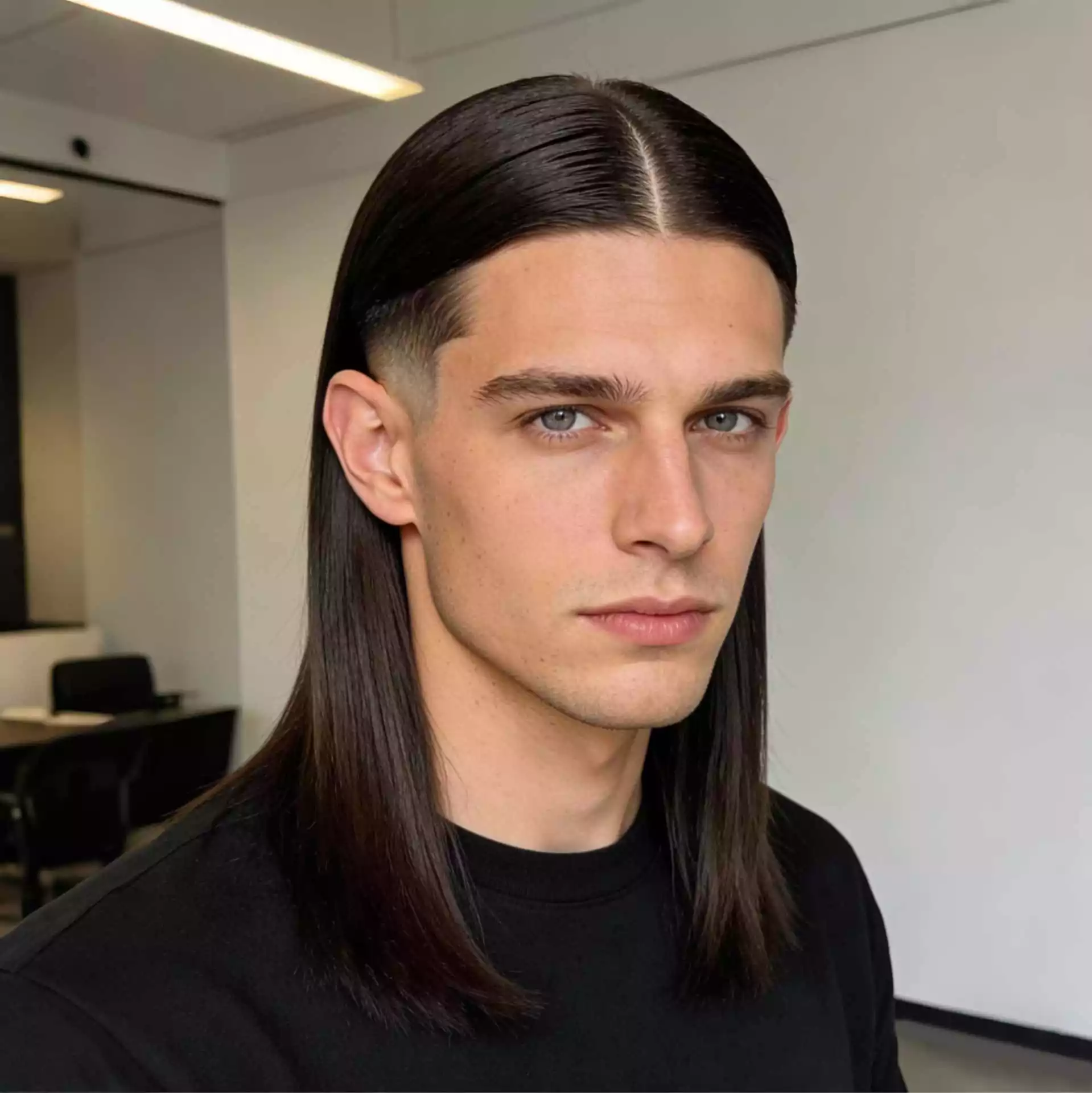 middle part low taper straight hair men — long straight top with soft center opening and clean low taper around the ears