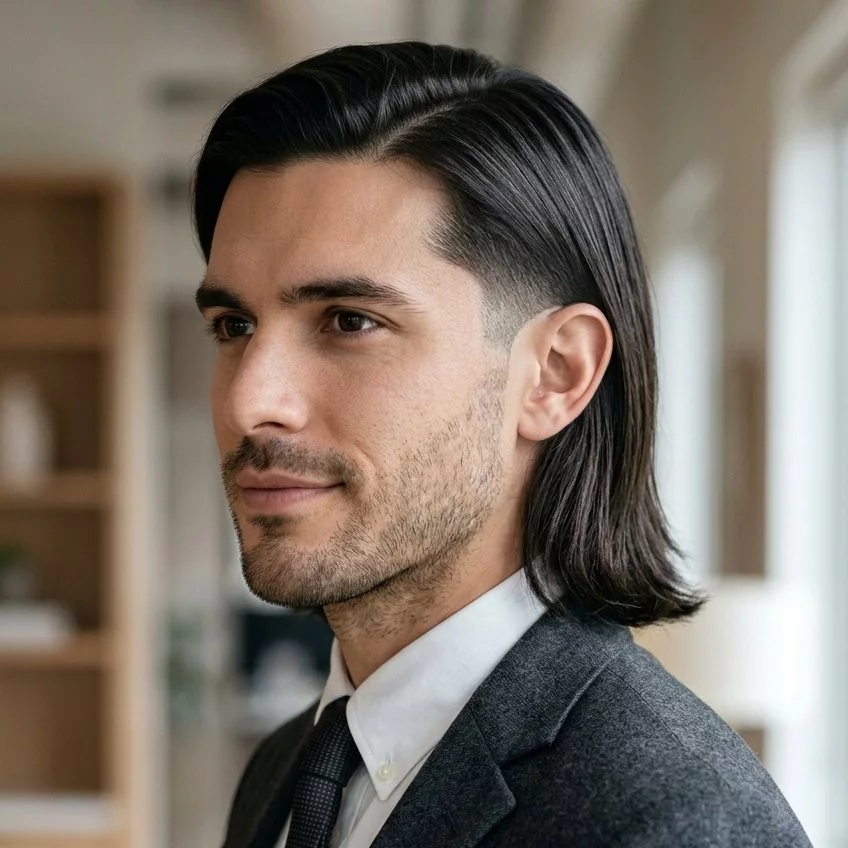 side part tuck low taper straight hair men — tidy ear tuck, soft side part, and natural long straight silhouette