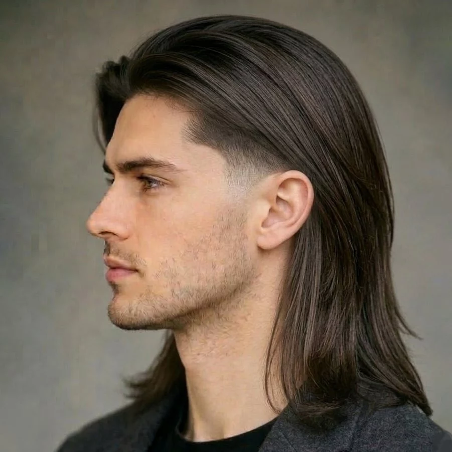 soft layered low taper long straight hair men — blended movement through the top with clean low taper and smooth outline