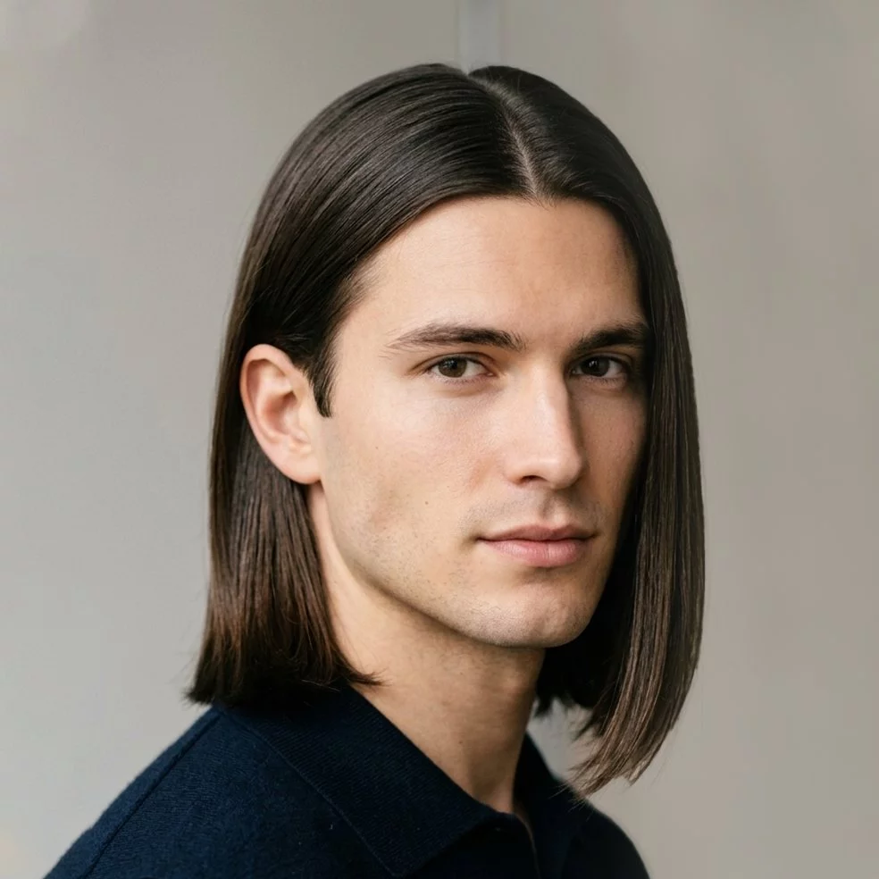 middle part long straight hair men — clean ear-line middle part with tidy sides and controlled straight shape
