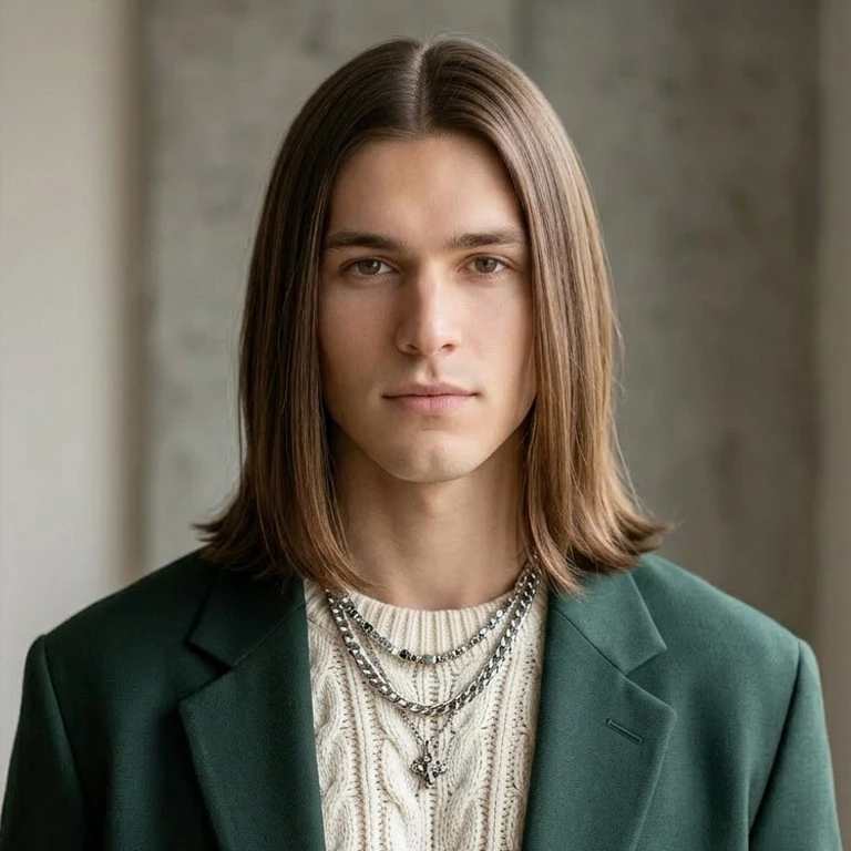 middle part long straight hair men — collar-length straight middle part with tidy outline and natural movement