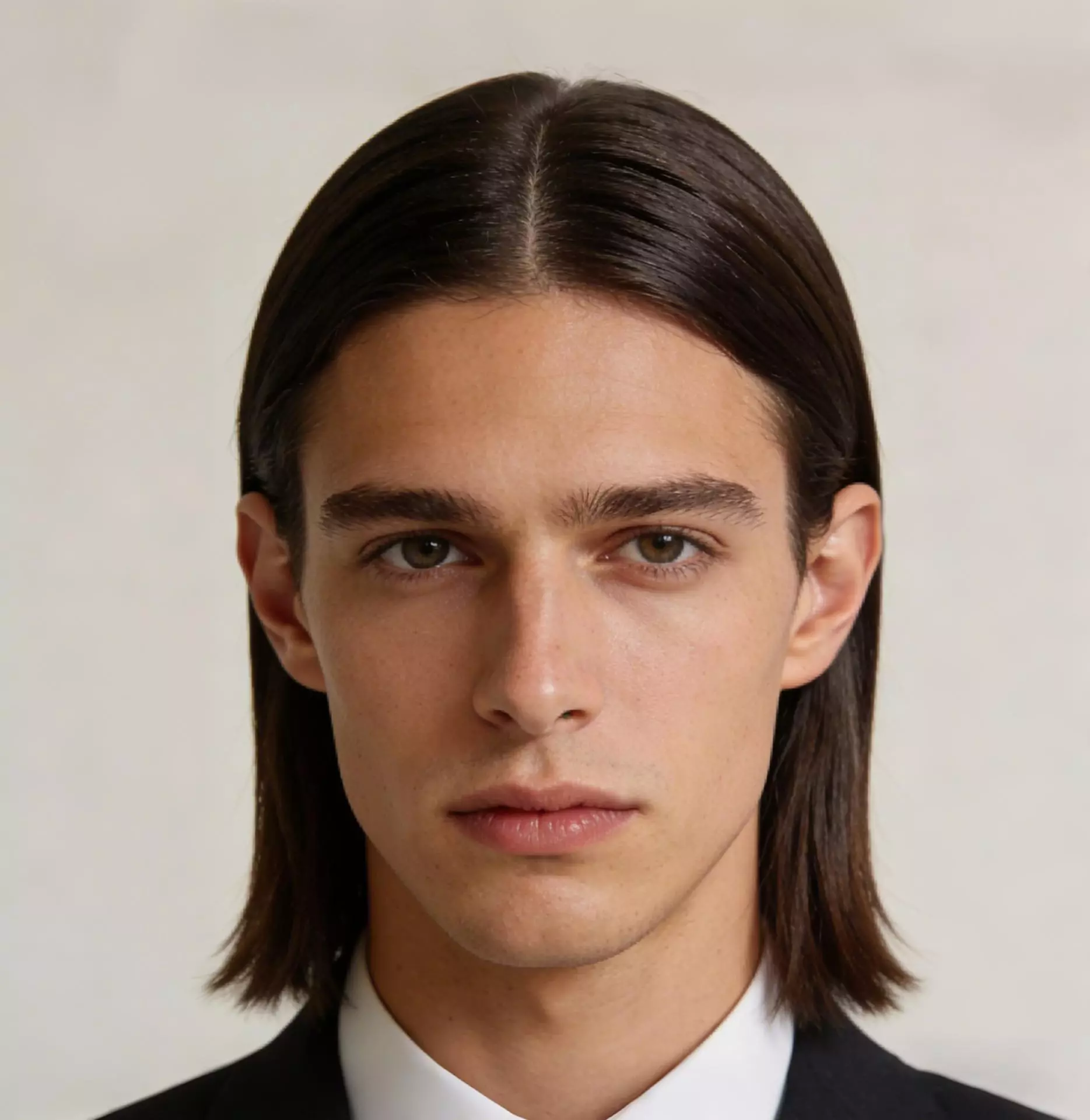 middle part long straight hair men — tucked-behind-the-ears middle part with neat center opening and clean ear line