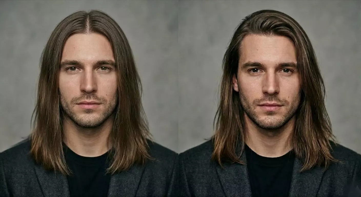 middle part long straight hair men — middle part vs side part comparison on long straight hair