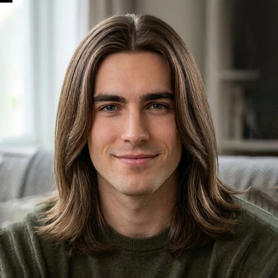 middle part long straight hair men — curtain-style straight middle part with soft face-framing front