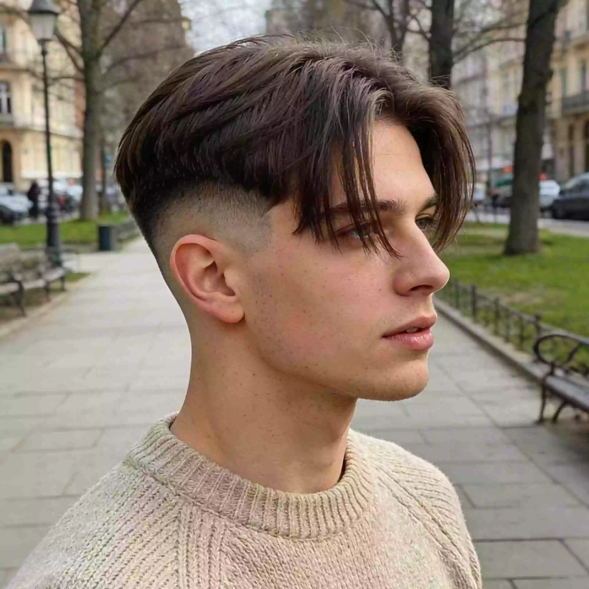 burst fade with long fringe — longer forward fringe with rounded burst fade and soft textured top