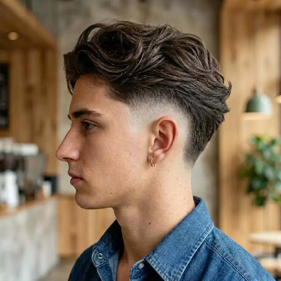 burst fade long hair men — long textured top with rounded burst fade around the ear and clean neckline