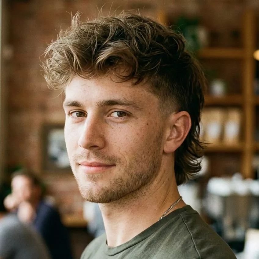 burst fade mullet-leaning long top — longer top and back with rounded burst fade around the ear