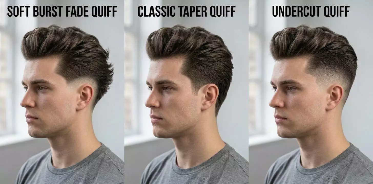 burst fade vs taper vs undercut — side-by-side comparison of long-top men’s haircuts with different side transitions