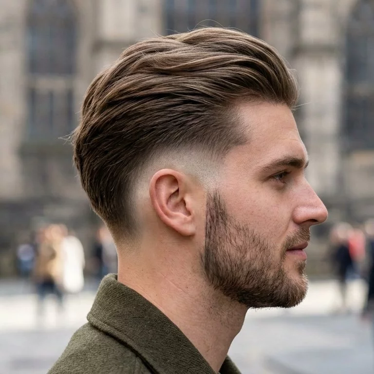 low burst fade with long top — lower burst fade with longer top and softer side contrast