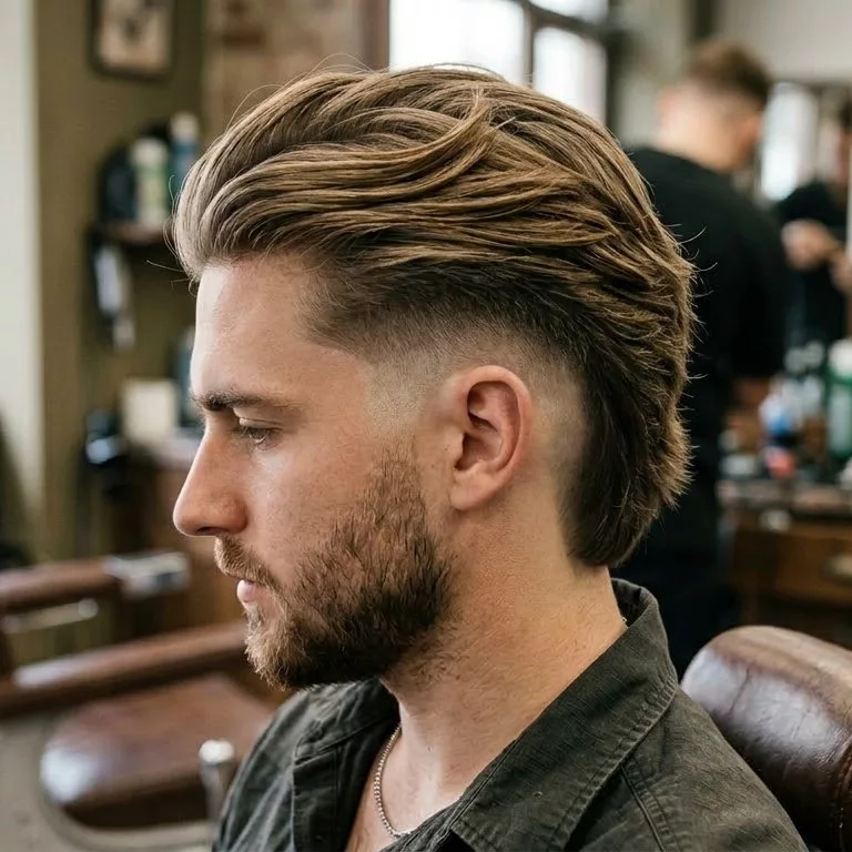 mid burst fade long hair men — balanced burst fade with extra long top and softer side contrast