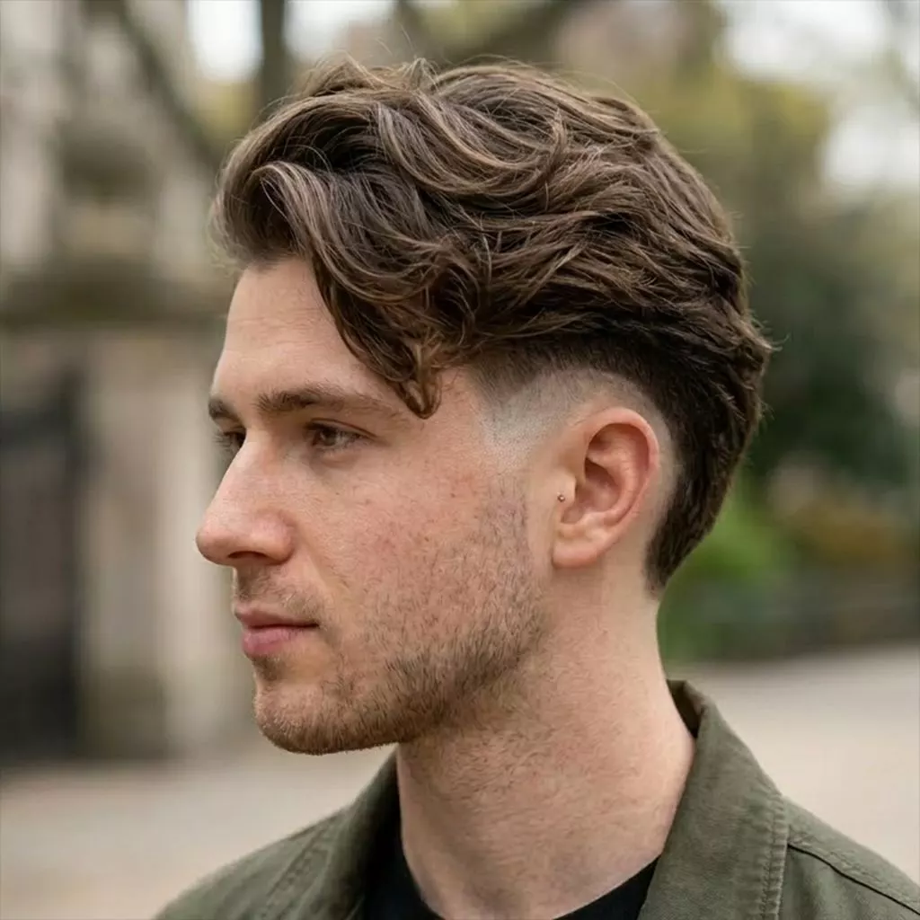 textured burst fade long top — men’s long textured top with rounded burst fade and clean ear area