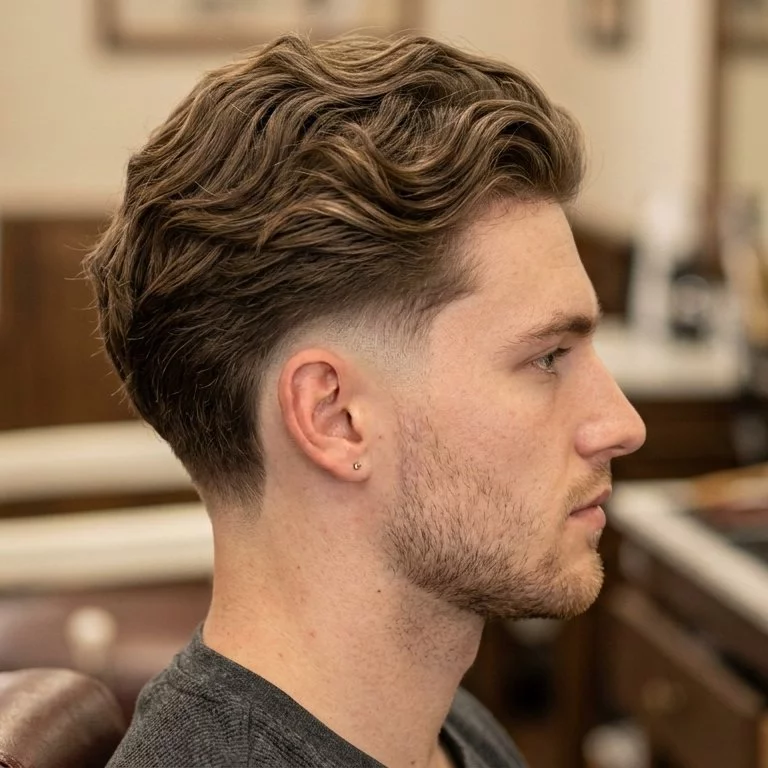 wavy burst fade long hair — wavy longer top with rounded burst fade and natural movement