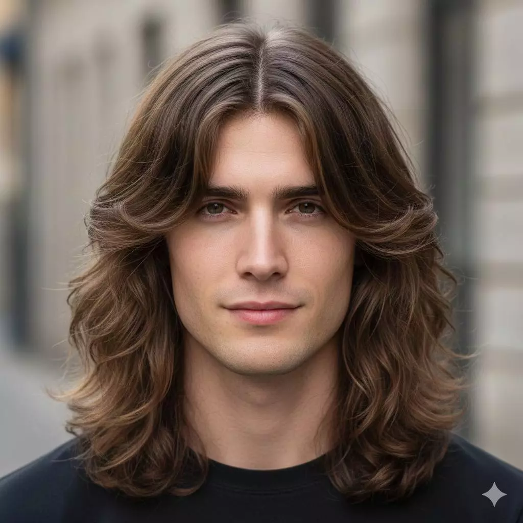 Center part long wavy hair men 2026—soft curtain bangs framing, natural waves, clean perimeter
