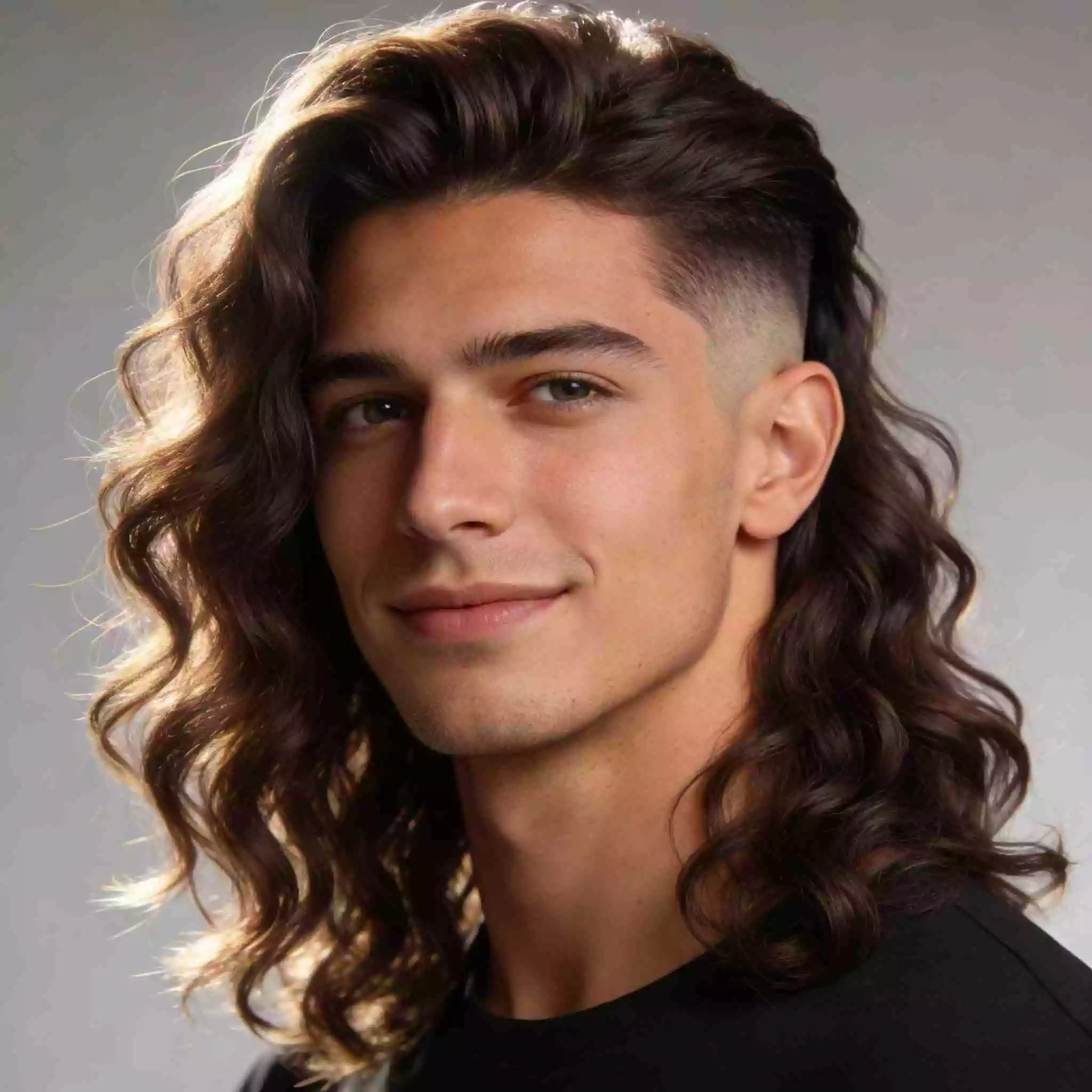 Long wavy hair men short sides 2026—wavy flow on top, tapered sides, sharp outline, versatile wear