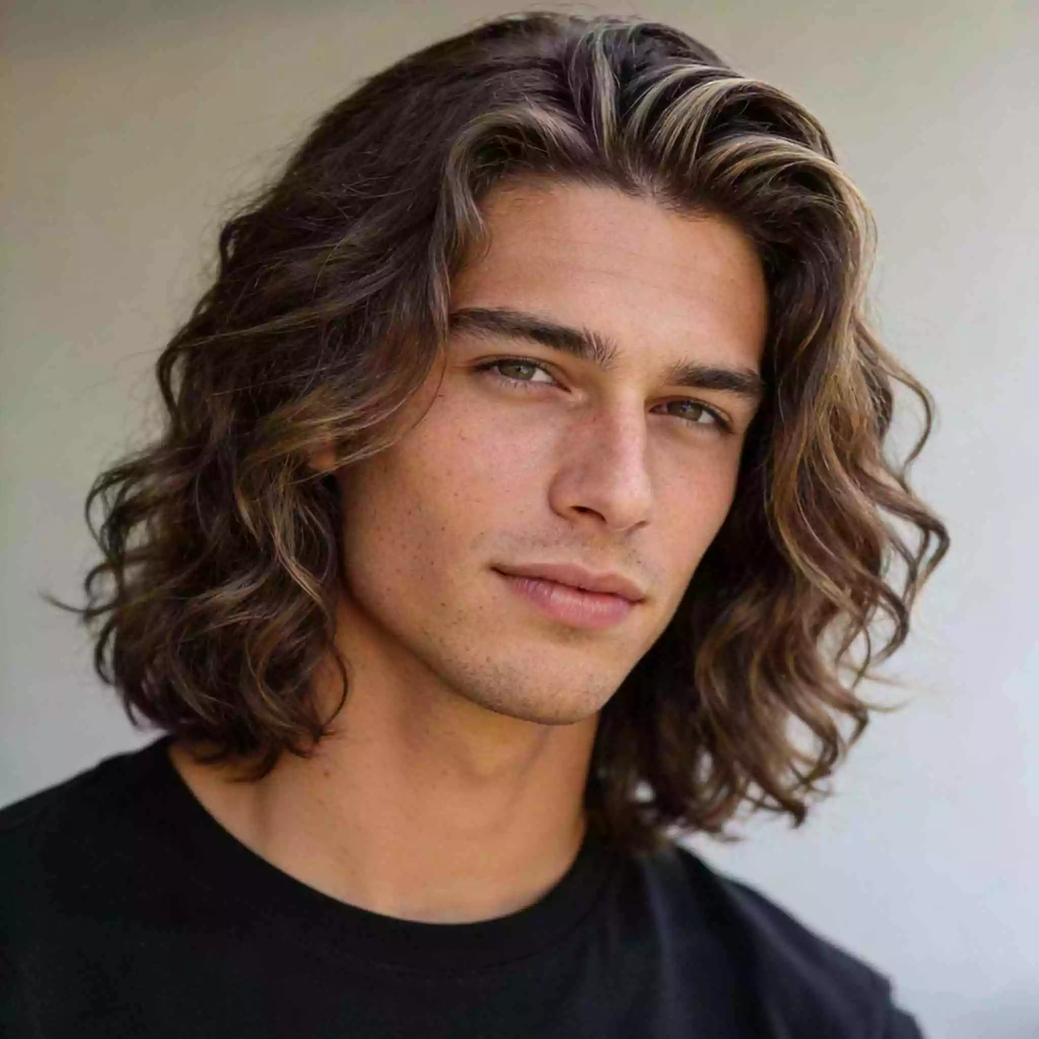 Mid long wavy hair man 2026—collarbone-length waves, soft part, tidy outline, wearable checkpoint