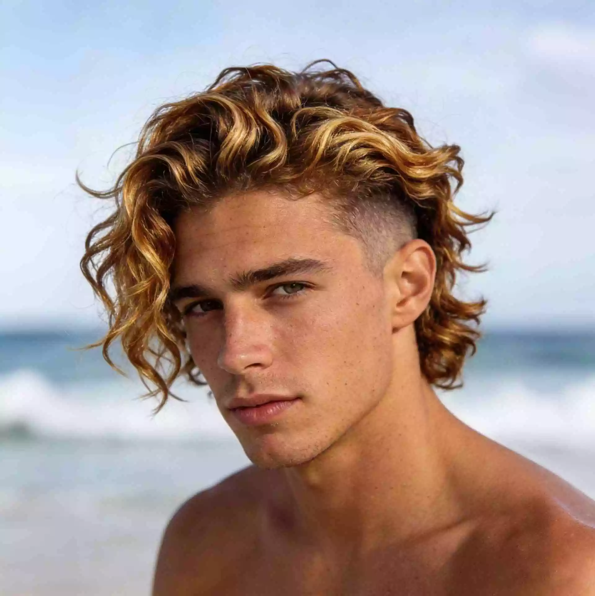 medium surfer hair for men with a low taper and wavy textured top