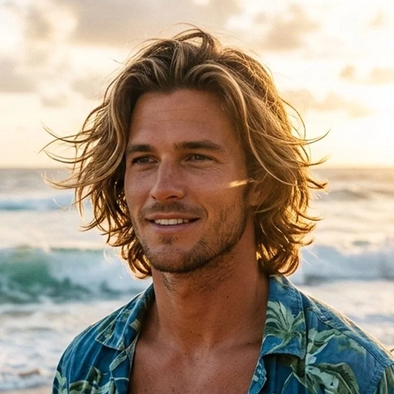 medium surfer hair for men with an off-center part and relaxed natural waves