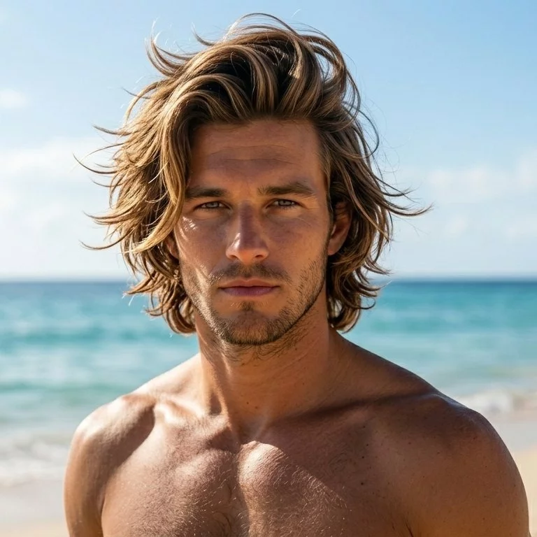 medium surfer hair for men with soft wolf-inspired layers and crown lift