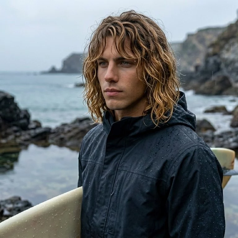 medium surfer hair for men with a textured fringe and soft wavy movement