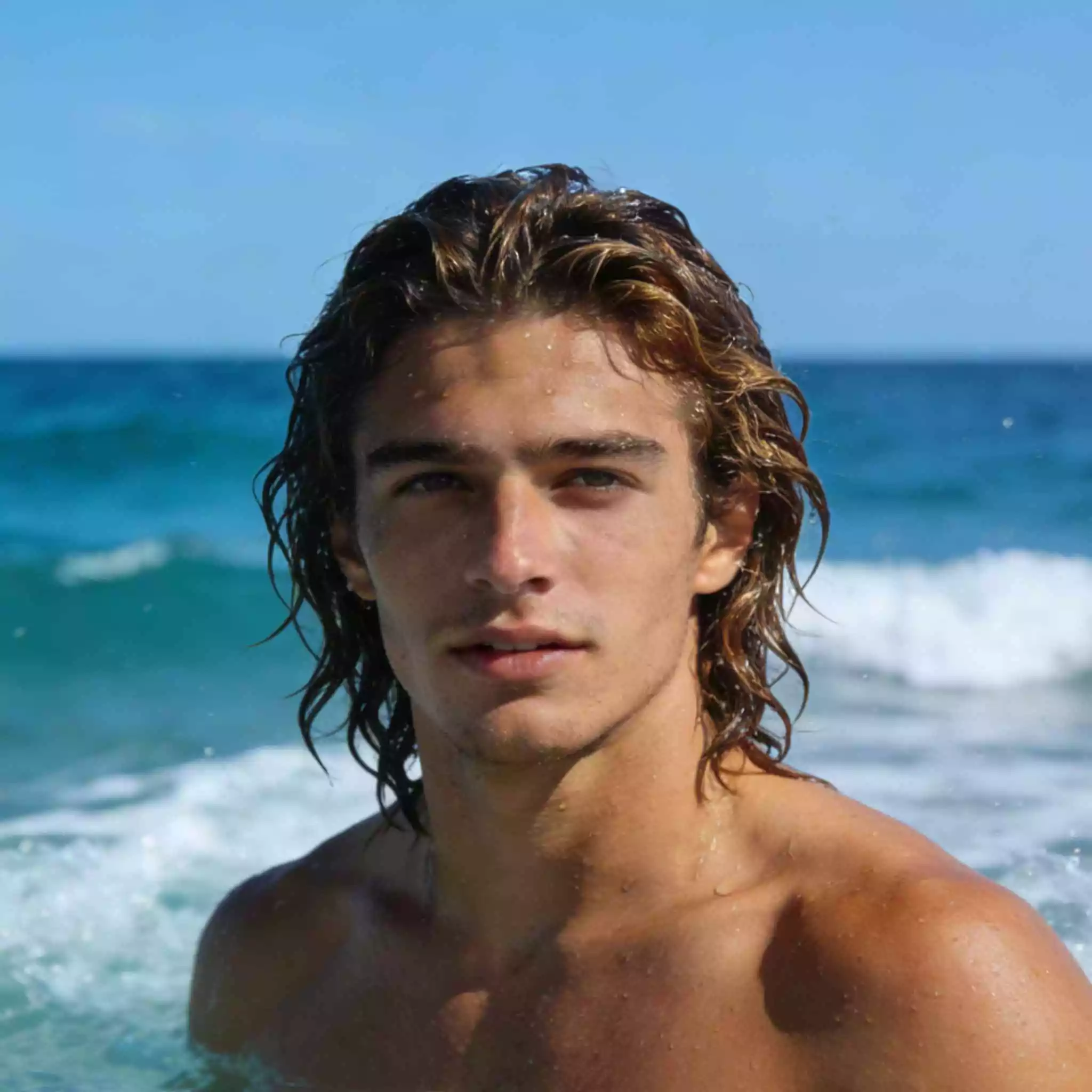 medium surfer hair for men with a wet look finish and defined glossy waves