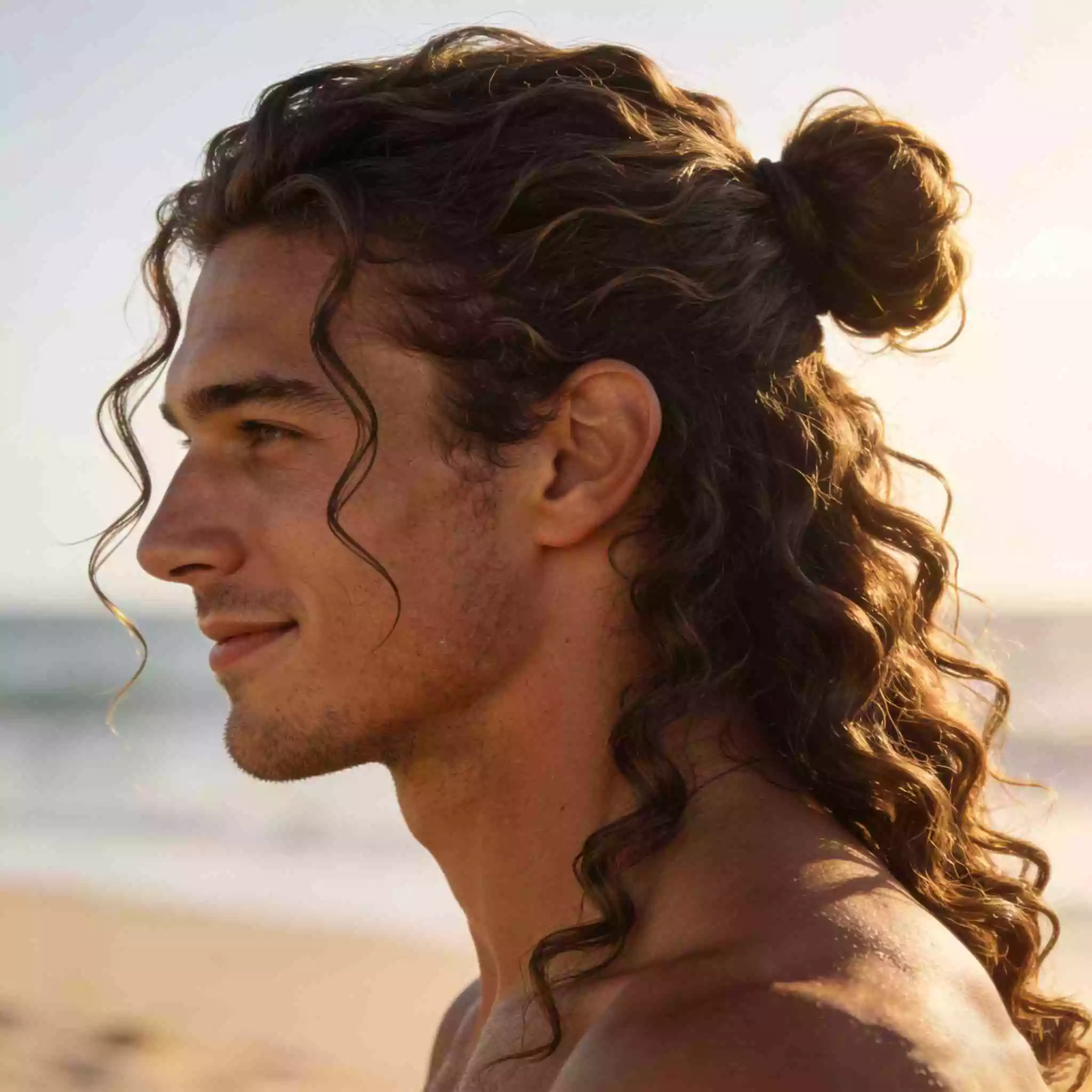 Wavy long hair men tie-back 2026—low pony or loose bun, clean outline, tidy framing pieces