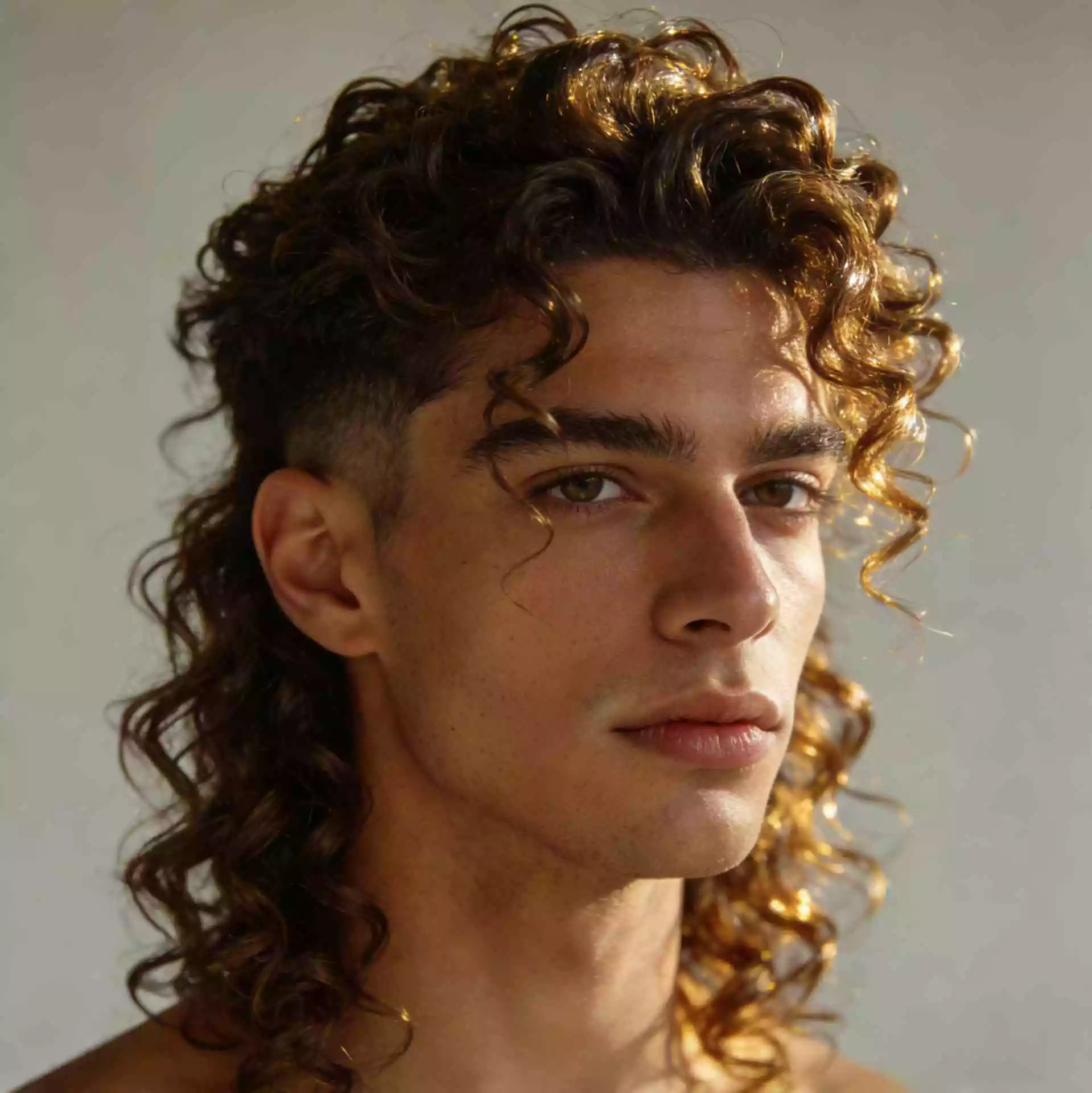 Curly wolf cut men — rounded layers with defined curls