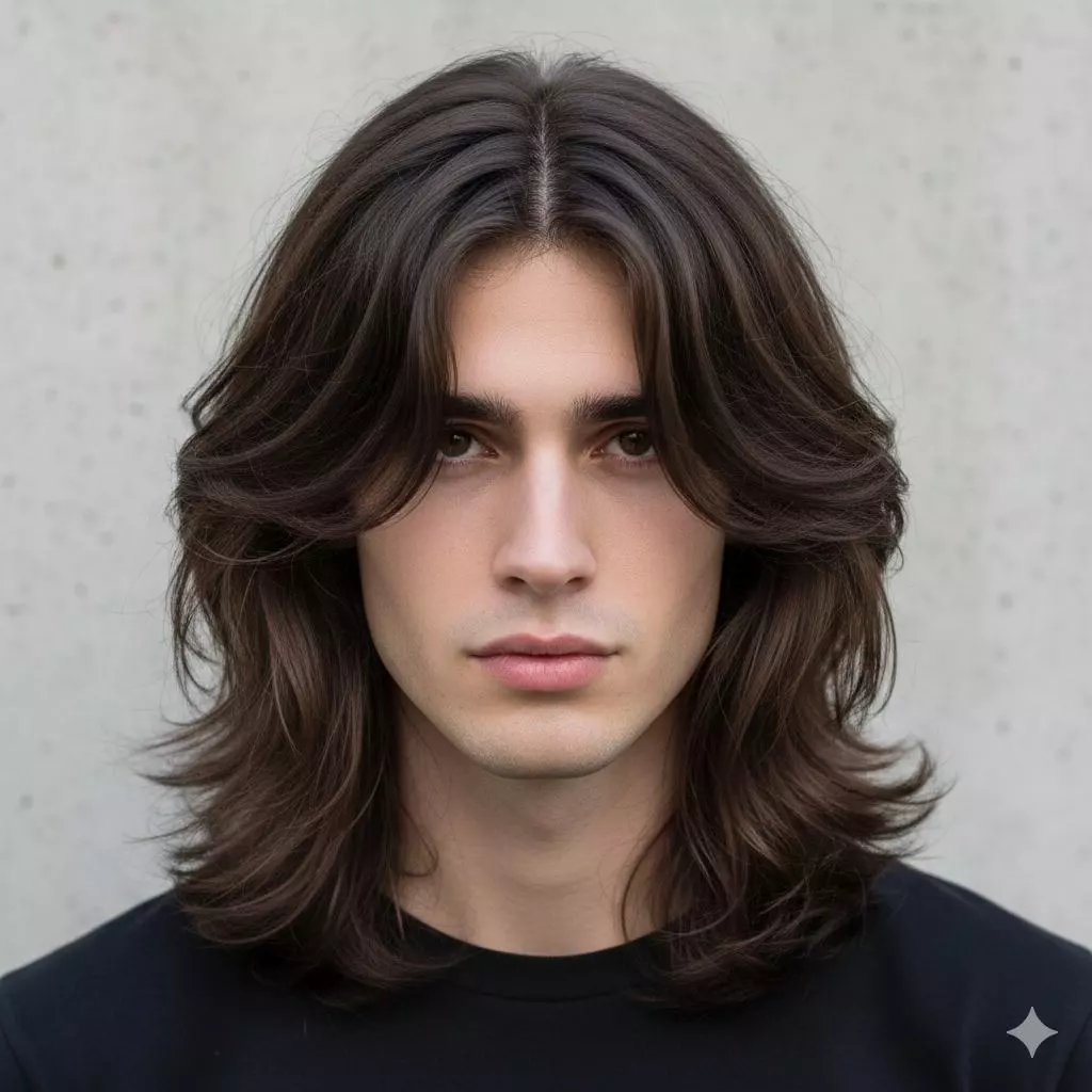 Long wolf cut men with curtain fringe — middle-part fringe with cheekbone face framing