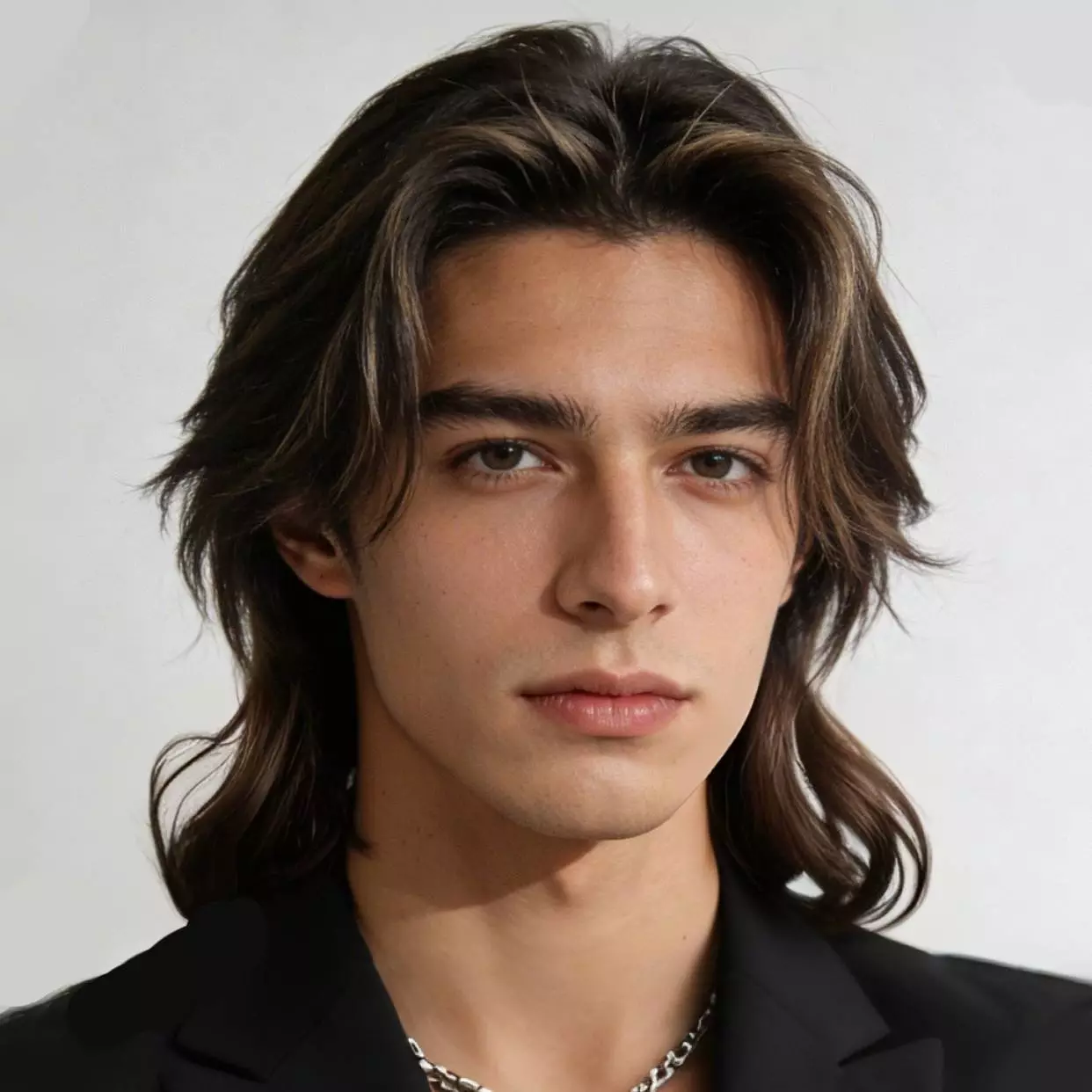 Wolf cut men long hair classic — blended crown layers with textured ends