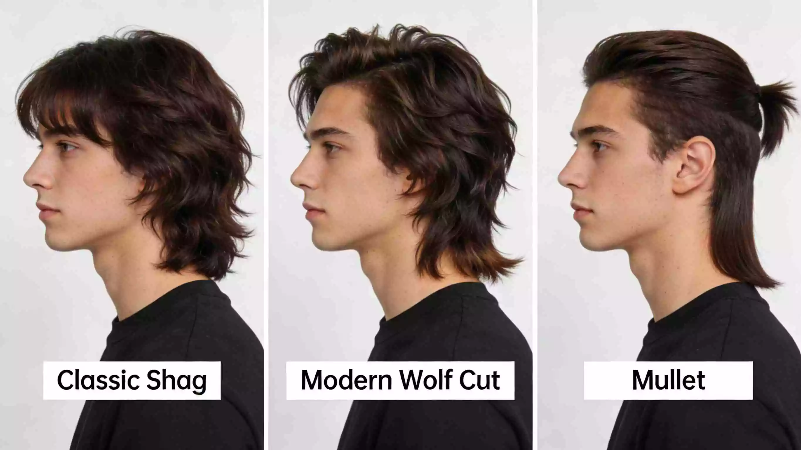 Wolf cut vs shag vs mullet — long hair men shape comparison: crown lift, blending, tail contrast