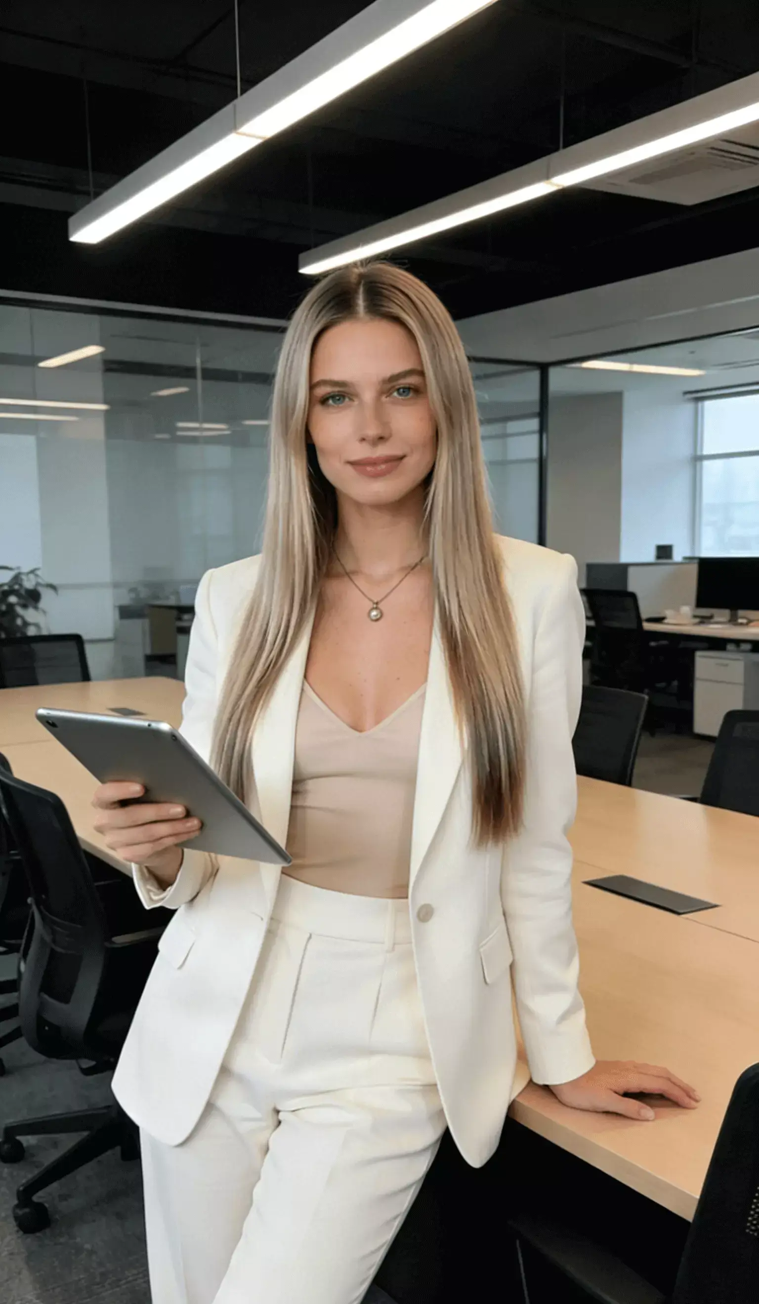 Professional with long straight hair worn down, liquid shine finish, clean middle part and smooth ends; modern office lighting