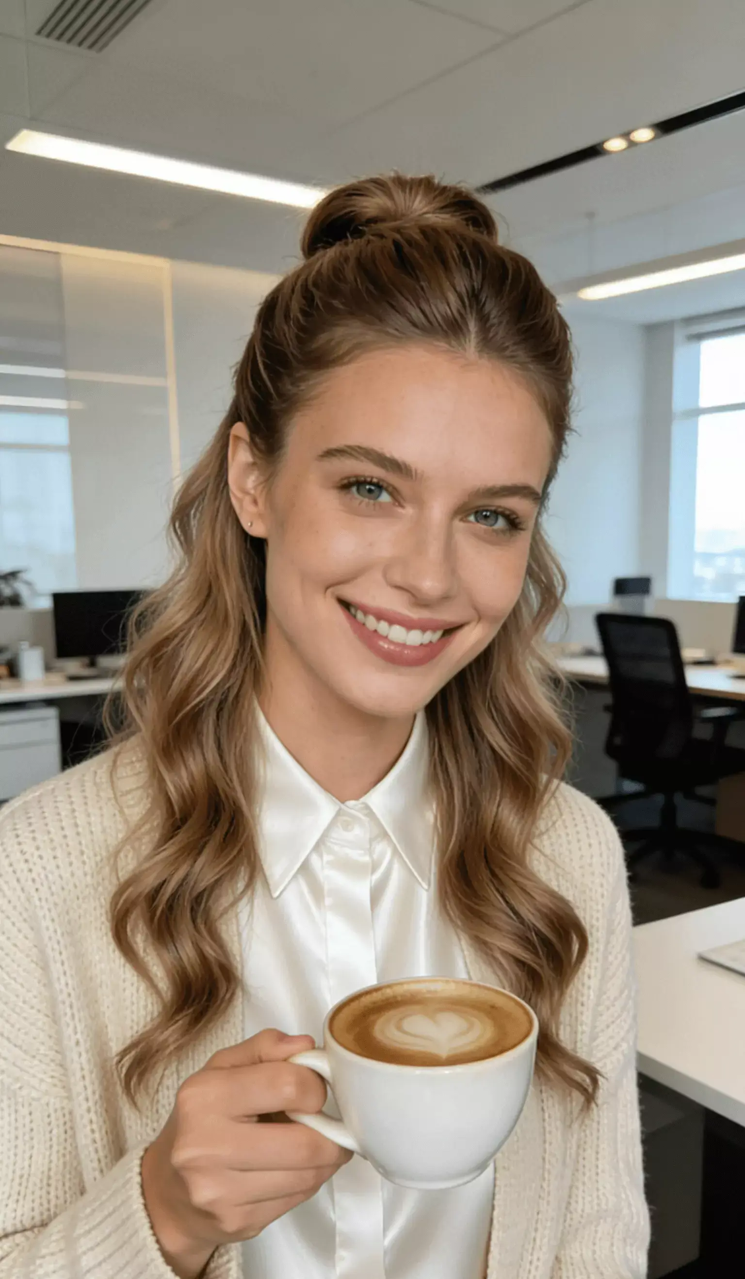 Person with long hair in a polished half-up hairstyle, tidy crown and soft controlled waves; professional yet relaxed vibe