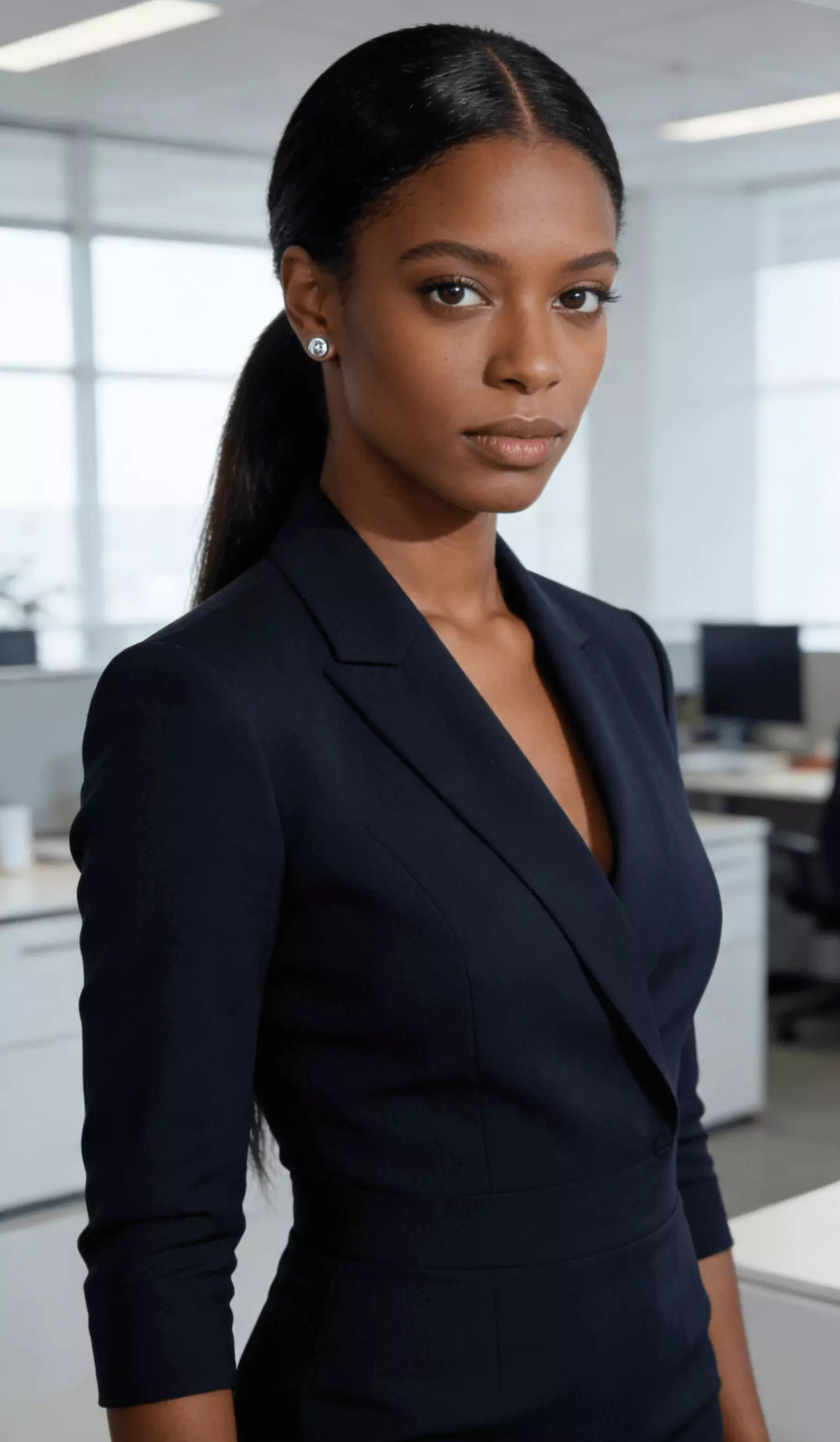 Professional with long hair in a sleek low ponytail, clean center part and glossy finish; minimal accessories; office background