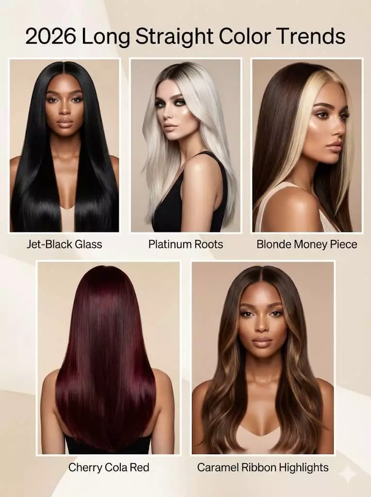 2026 long straight hair color & texture trend board