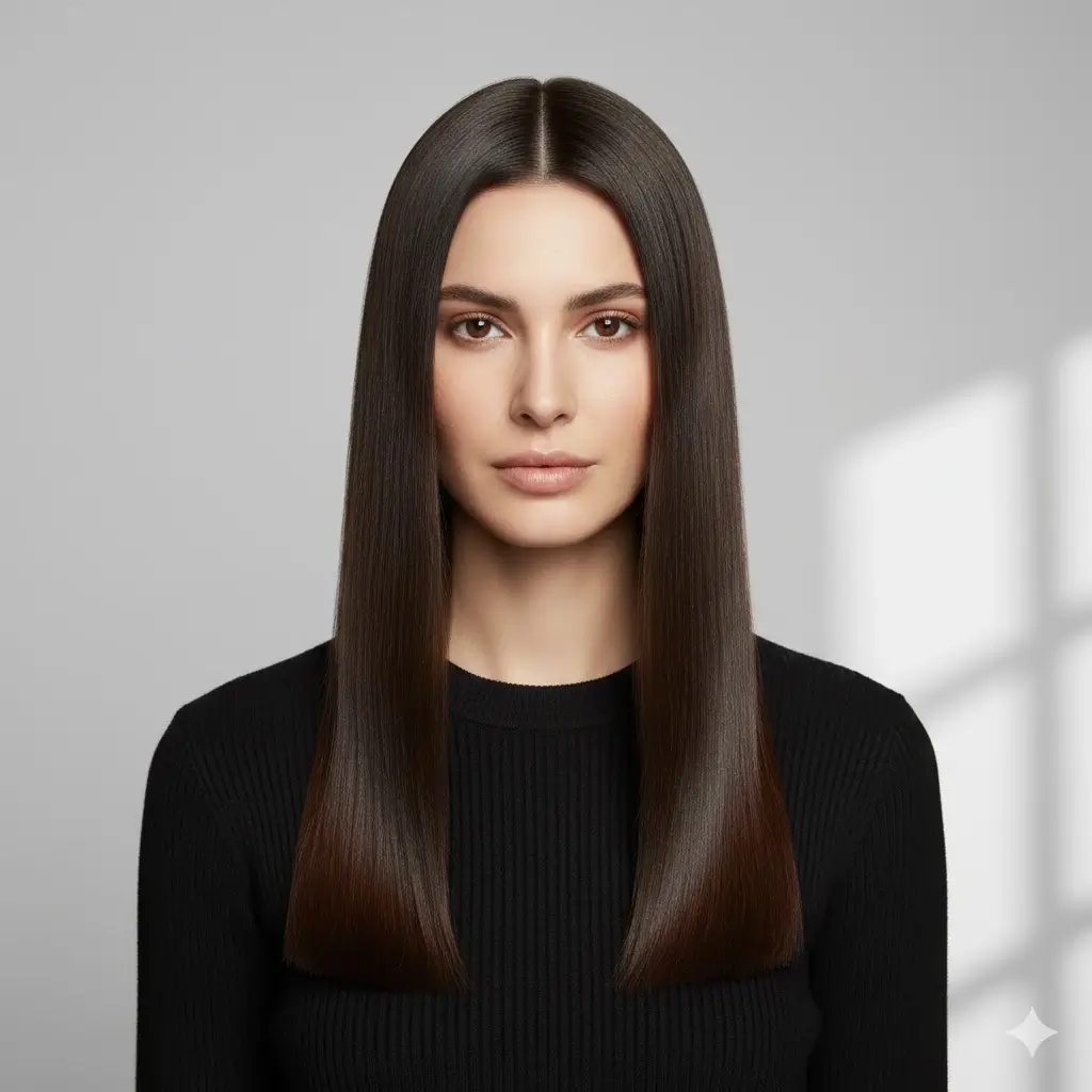 Knife-sharp center part + mirror-like straight texture