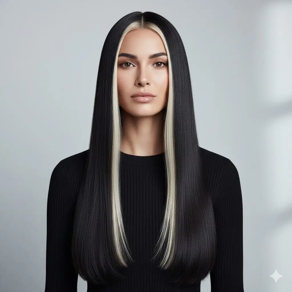 Bright platinum face-framing strands on jet-black straight base