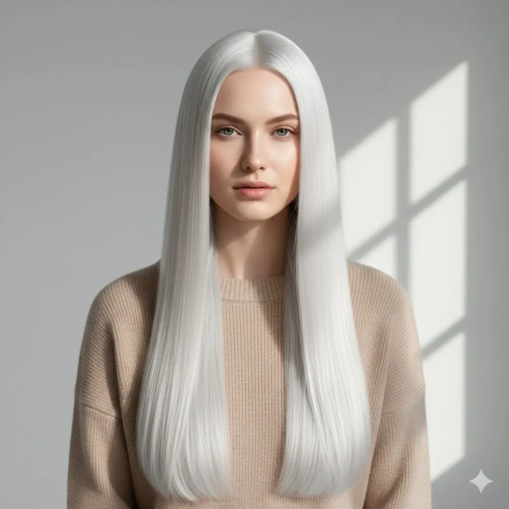 Icy white-blonde ultra-straight hair with high shine