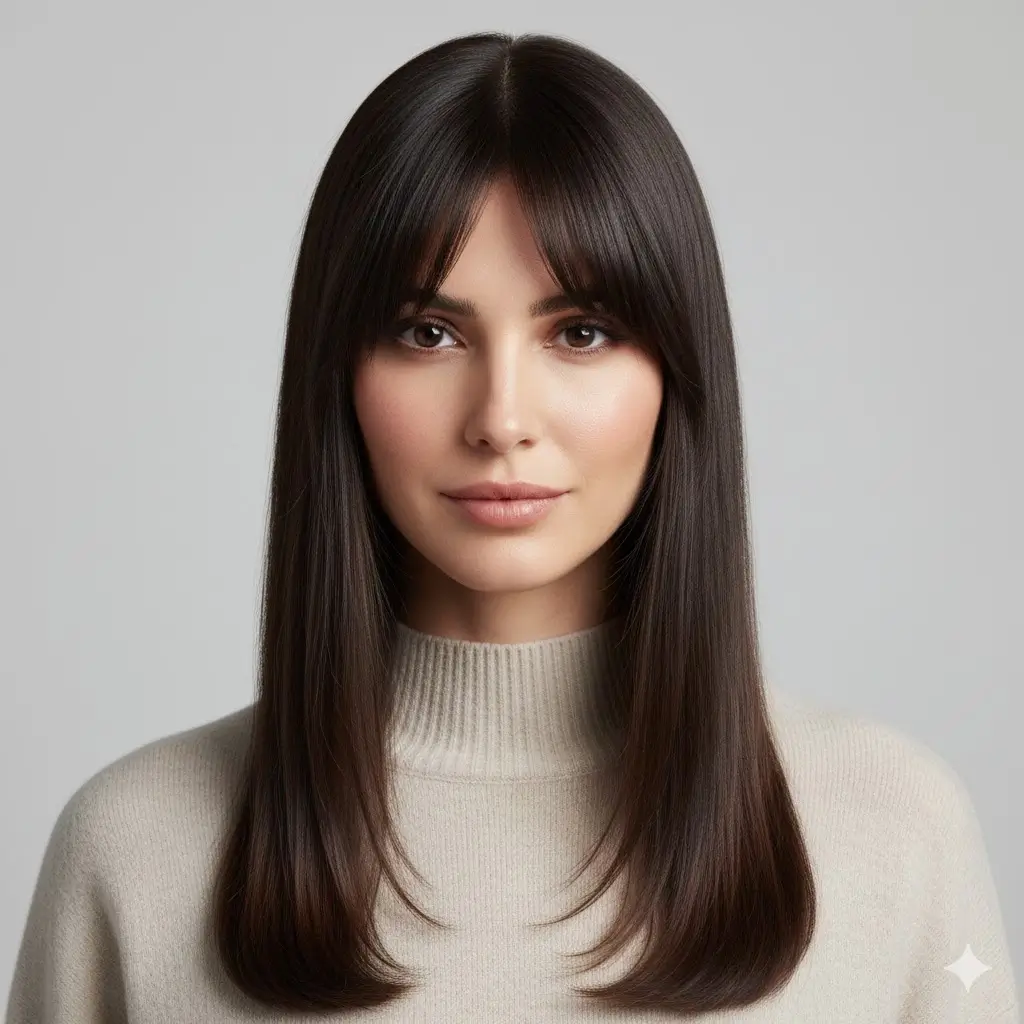 Sleek straight with soft bottleneck fringe, ultra-trendy 2026