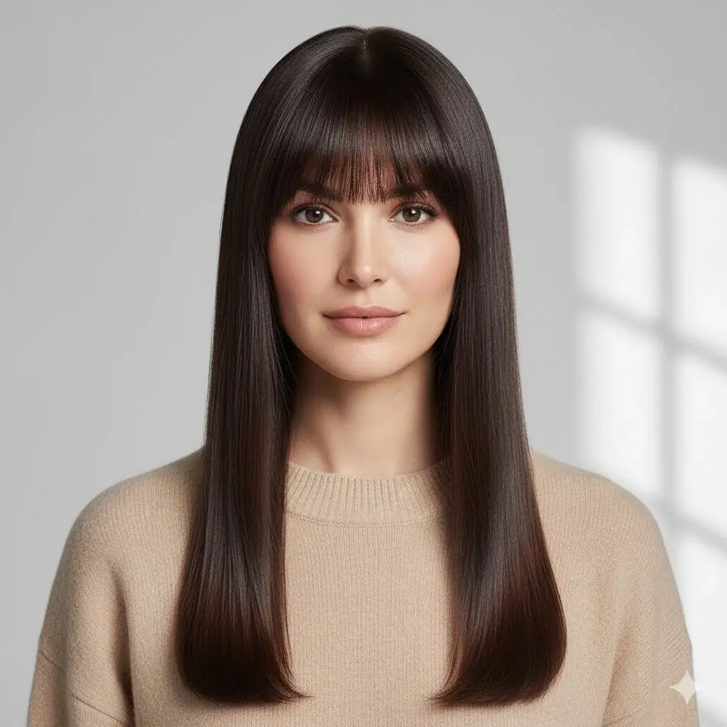 Long curtain bangs blending into glossy straight lengths