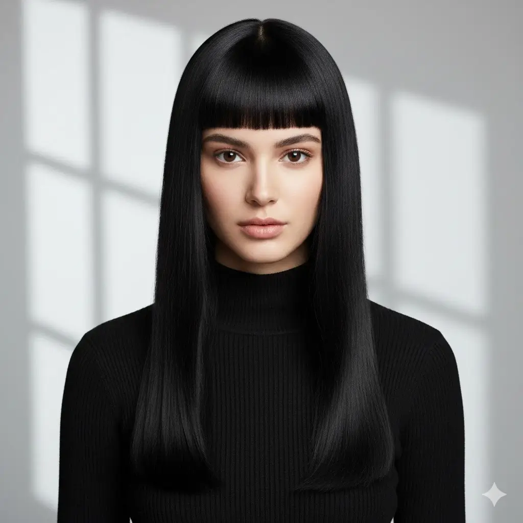 Super short baby bangs + sleek long straight lengths