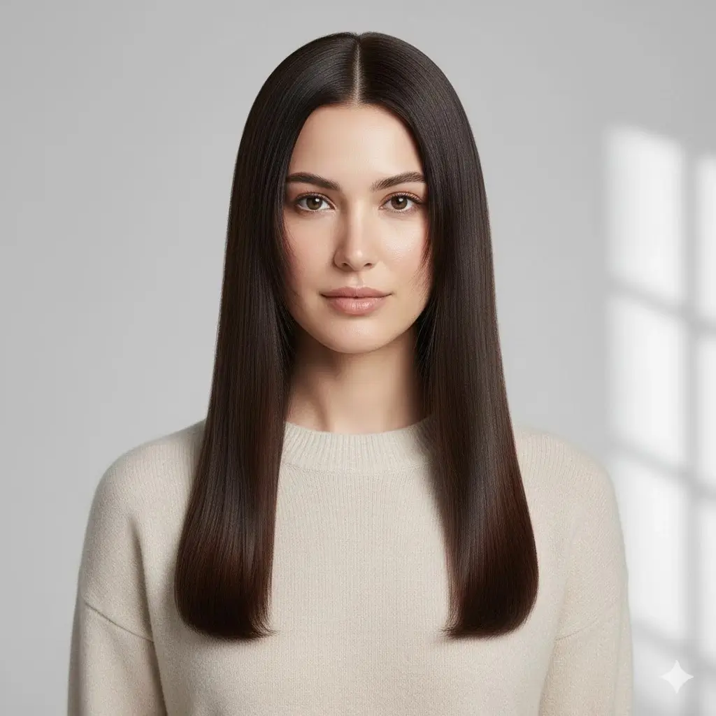 Korean-style barely-there front layers enhancing sleek straight look