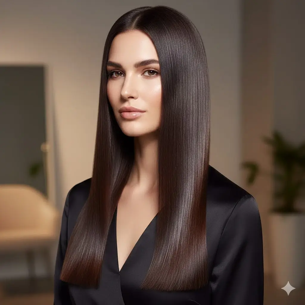 Pin-straight waist-length hair with mirror-like reflection