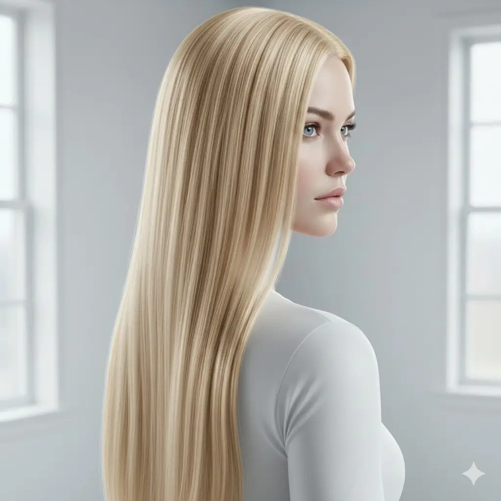 Dramatic 90s deep side part with sleek super-long straight platinum-blonde hair reaching mid-thigh, mirror-like glossy finish